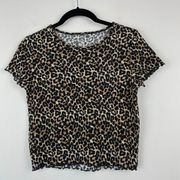 American Eagle  AEO Top Leopard Cheetah Semi-Cropped Ribbed Lettuce Hem Small S