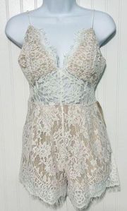 Tobi Lace Romper Sleeveless Short Bottoms V Neck Sheer Bridal White Tan Medium