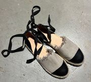 Taupe Grey Black Lace Up Fringe Espadrille Sandal Flats Size 7 EUC