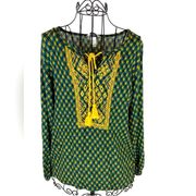 CHRISTOPHER & BANKS Green and Gold Boho Top with Tassels Women’s Size Medium
