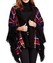 NWT Lauren Ralph Lauren Wool Blend Fringe Trim Plaid Poncho