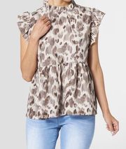 Coco and Carmen Ruffle cap sleeve neckline taupe animal print blouse, Size 2X