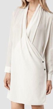 AllSaints 100% Silk Serra Wrap Shirt Dress Size 0 Cream Long Sleeve Lightweight