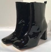 Good American Black High Gloss Patent Leather Booties 3” heel Square Toe  sz 7