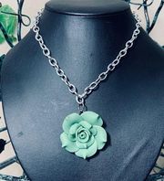 Green Rose Flower Floral Silver Necklace New