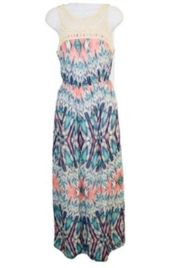 Lily Rose Tribal Ikat Crochet Lace Maxi Dress Teal S