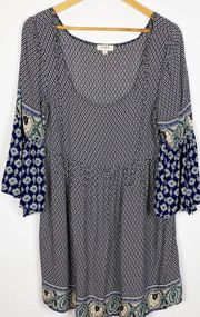 Peasant Dress Mixed Print Bell Sleeves Size Large