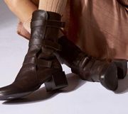 Coclico Mabel Leather 3 Strap Wood Stacked Block Heel Military Boot Brown 37.5