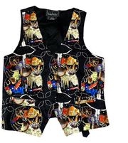 Vintage Nicole Miller Printed Vest Cowboy Rodeo Western Silk Black Size Large