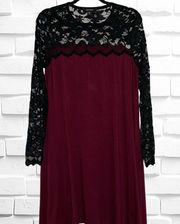 Women’s Large Lace Sleeve Trapeze Swing Dress  High Lo Hem Boat Neck