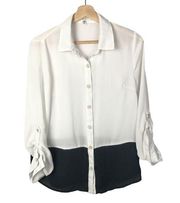 Papaya White & Black Chiffon Long Sleeve Button Down S