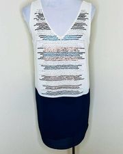 Adelyn Rae Dress SMALL Sequins Beaded V-Neck Sleeveless Mini Cream Navy Blue