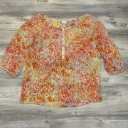 Orange, Yellow, White Print Sheer High Low 3/4” Sleeve Blouse Large