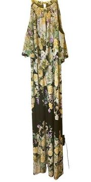 layered floral fancy maxi dress, gold chain strap, overlay, size SM