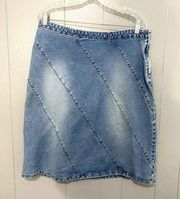 Vintage Y2K  Denim Washed Out Diagonal Stitching Boho Knee Length Skirt 14