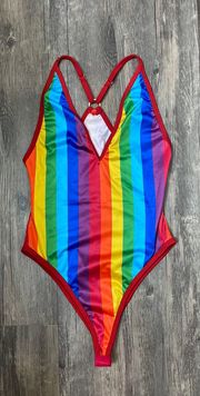 Rainbow Stripped Bodysuit Rave Festival Wear Gay Pride Concert Deep V Neck