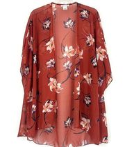 Emory Park Red Orange Boho Kimono Sheer Floral Oversized Dolman Sleeves Size L