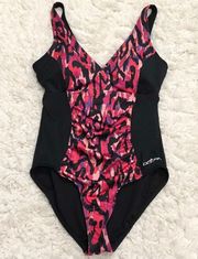 Aquashape Ikat V-Neck Printed One piece Swimsuit Black Pink 38/12