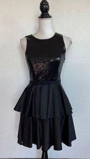 Solid Black Sequin Satin Peplum Cocktail Dress