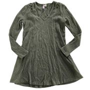 Alya Dress Womens XX Small Green V-Neck Cut-Out Long Sleeve Criss Cross Rib Poly