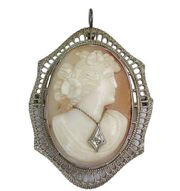 10K White Gold Vintage Lady Carved Cameo Diamond Pendant Pin Brooch