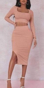 Dusty Coral Ribbed Seamless Crop Top Midi Skirt Set XS