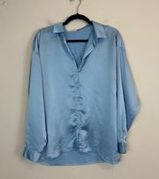 Missguided | Light Blue Satin Oversized Fit Button Down Shirt Size 4 Petite