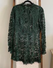 NWOT  Woman Dark Green Full Lace Long Sleeve Mini Dress