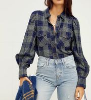 Free People Sun City Plaid Puff Sleeves Top