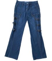 Vintage Y2K  Blue Denim Flared Buckle Embellished Chain Jeans