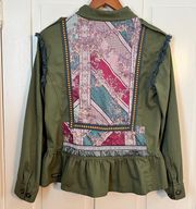 Olive Green Boho Patchwork Ruffle Hem Jacket Size Medium