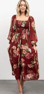 Baltic Born Womens Vyn Tiered Floral Long Sleeve Smocked Midi Dress Size S