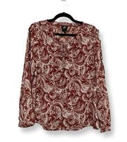 Womens Blouse Brown White Paisley Long Sleeve Tie Keyhole Lined L New
