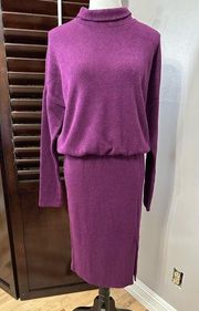 Three Dots Womens Blouson Dress Purple Stretch Midi Long Sleeve Modest L New