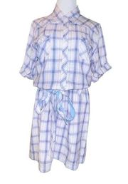 Horny Toad Women Blue White Plaid Snap Front Shirt Dress Waist Tie Size Large