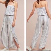 Anthropology Drew Jumpsuit Strapless Striped Linen Split Tulip Leg Boho …