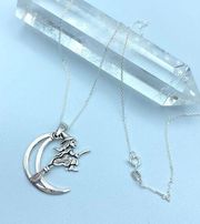 Moving Witch On Broomstick Crescent Moon Sterling Silver Necklace