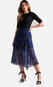 NEW NWT  Lexiy Floral Print Chiffon Ruched Midi Skirt In Dark Navy