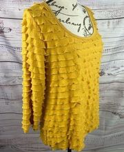 Slinky Brand Ruffle Top Womens M 3/4 Sleeve Scoop Neck Stretch Mustard Yellow