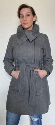 Coat Midi Length Sweater Collar Belted Grey Medium