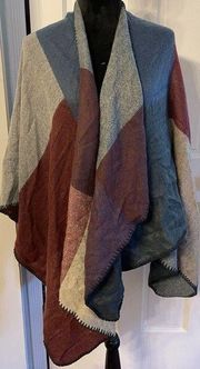 Saks Fifth Avenue Open Shawl Poncho Knit Gray Burgundy Blue One Size