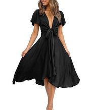 NEW Satin Deep V Neck Dress Tie Front High Waist Flowy Ruffle Midi Cocktail L