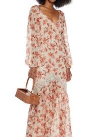 CAMI NYC Francie Lace Trimmed Floral Print Silk Chiffon Maxi Dress Size:S