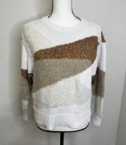 Lou & Grey Loft Colorblock Textured Coastal Crewneck Sweater Medium White/Tan