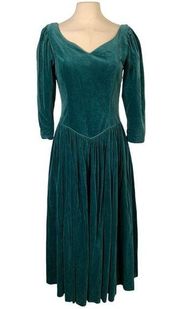 Vintage Laura Ashley Velvet Long Sleeve Pleated Midi Dress Size Medium