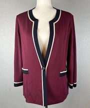 Misook Womens One Button Cardigan Jacket Blazer Size L Large Maroon Navy Ivory