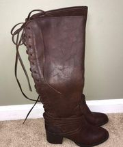 Candie’s Women’s Vegan Faux Leather Brown Lace-Up Back Knee-High Heeled Boots