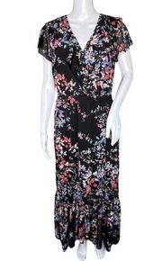 Apt 9 Dress Womens Medium Petite Black Multi Floral Maxi Ruffle Boho Bloomcore