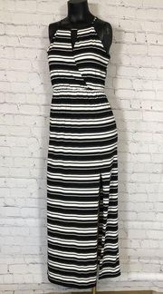 Fortune + Ivy Maxi Dress Black White Stripe High Neck Key Hole Sleeveless Slit S