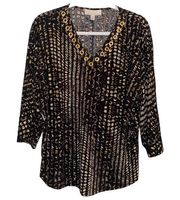 Carolyn Taylor Black & Tan Top Women Size Large Shirt V Neck Lightweight Design!